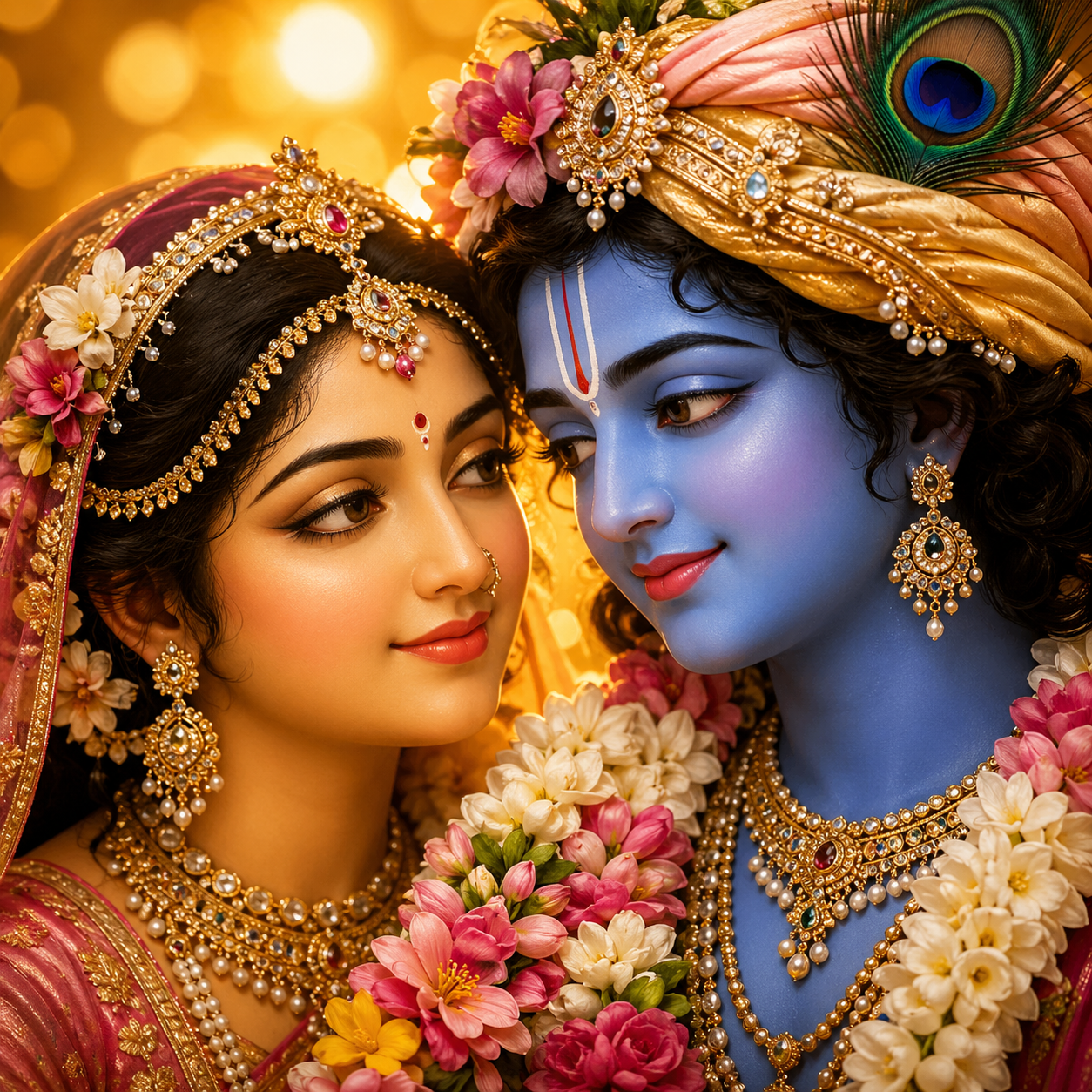 Radha Krishna close-up face portrait for WhatsApp DP with soft golden bokeh background